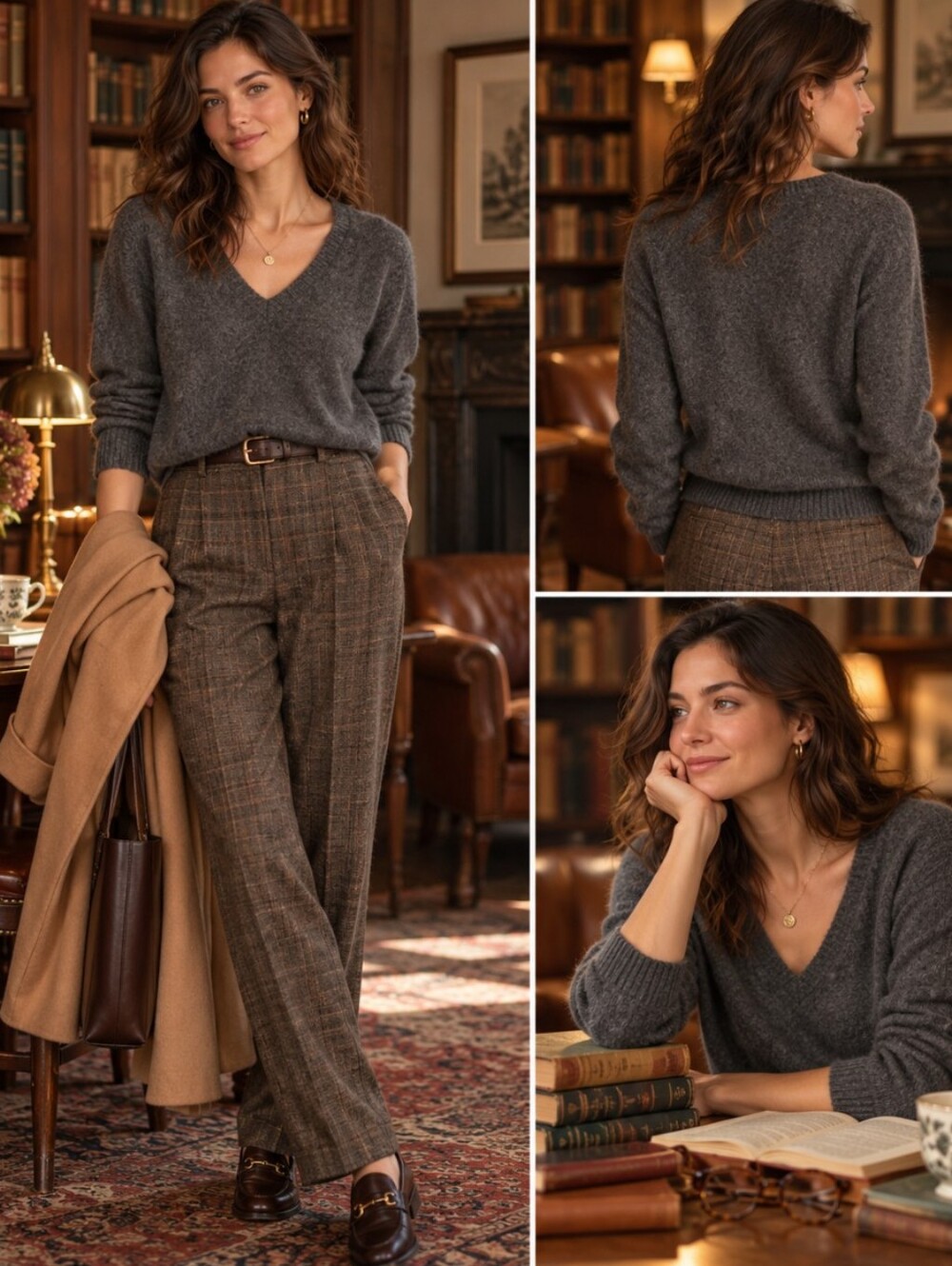 100% 2-Ply Cashmere V-Neck Sweater Gray L Cozy Academia Quit Luxury Soft Winter